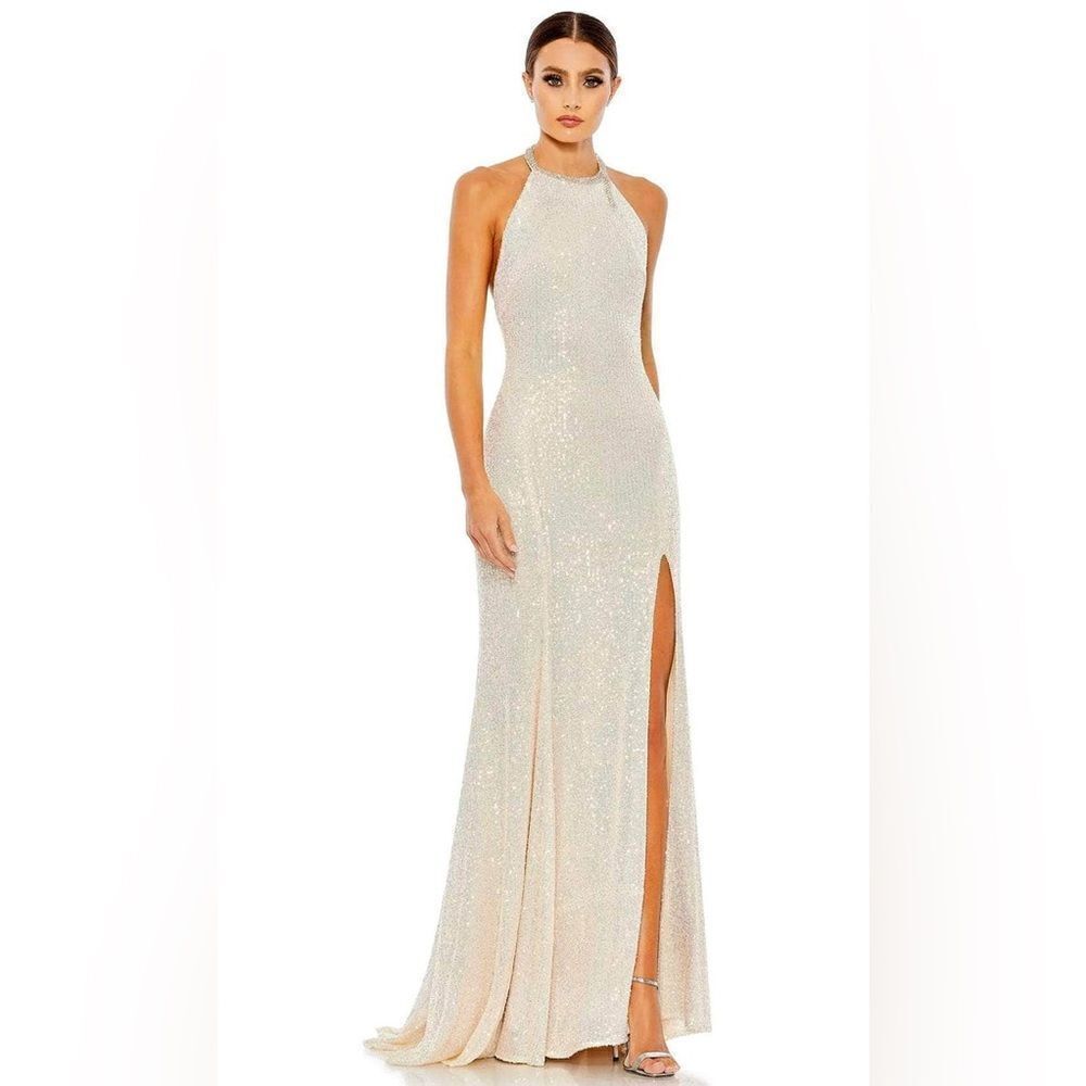 Mac Duggal 26943 Iridescent Sequined Halter High Neck Slit Gown 14 NWT